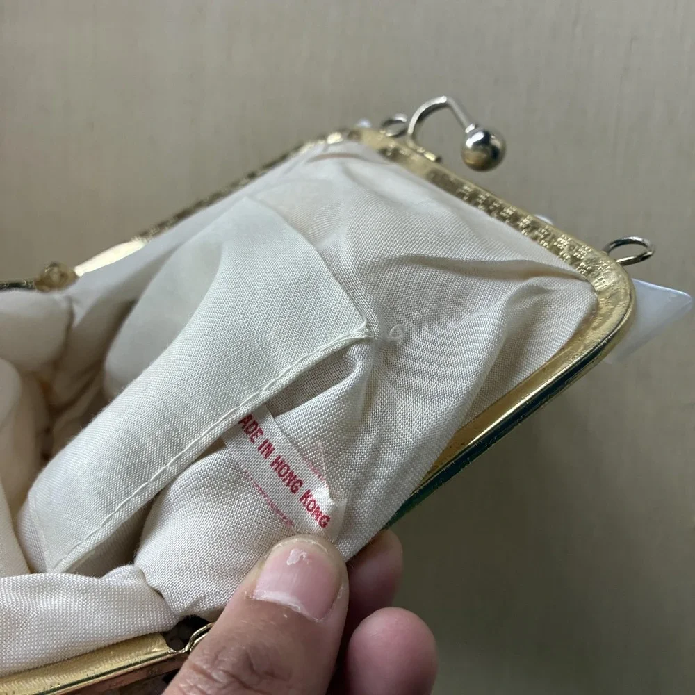 Vintage Clutch Bag Small White Beaded Kiss Lock Chain Strap Bridal Evening Purse
